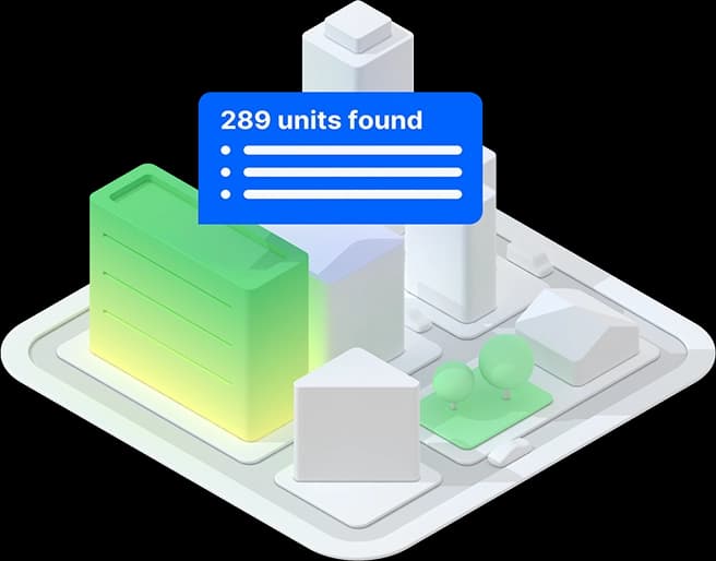 city block with highlighted building and data blurb stating 289 units found