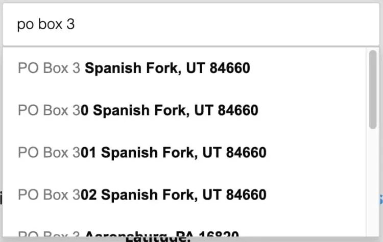 Address autocomplete standardized Post Office Boxes