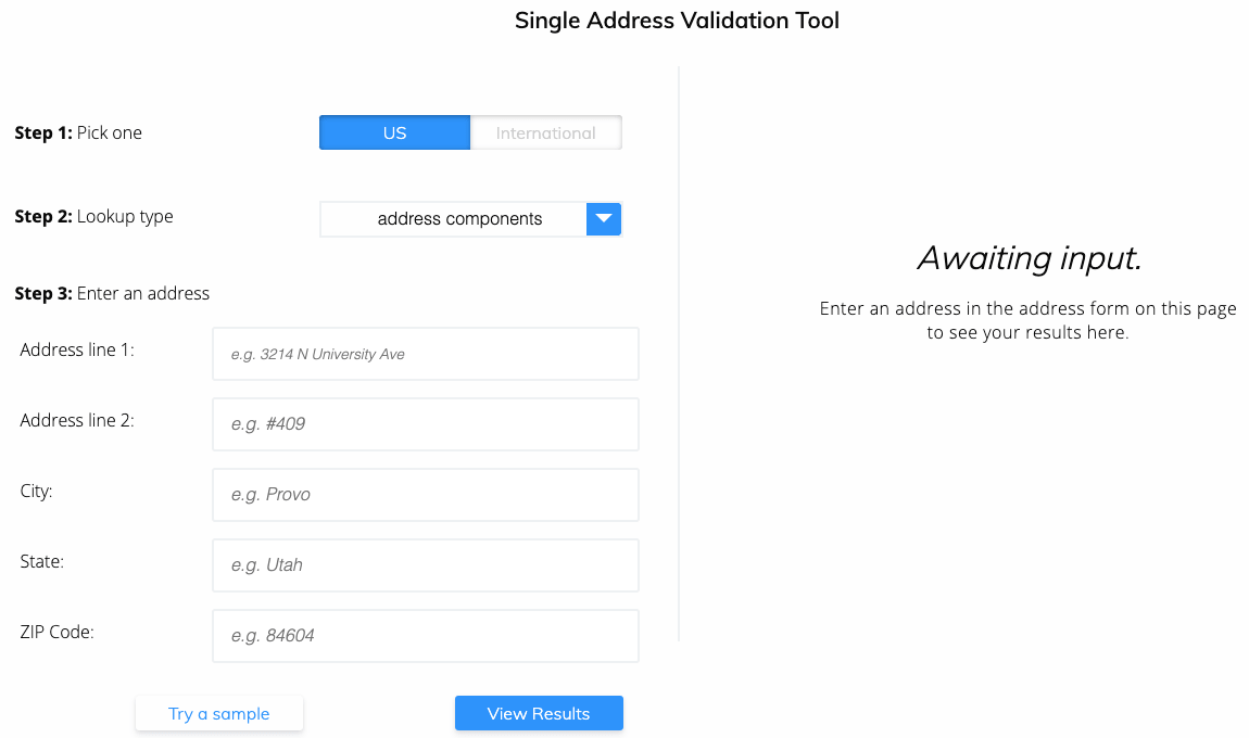 County lookup by address step 1 - Visit single address validation tool page