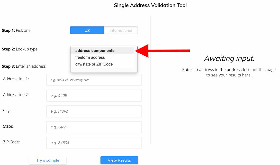 County lookup by address step 2 - Select address components from dropdown