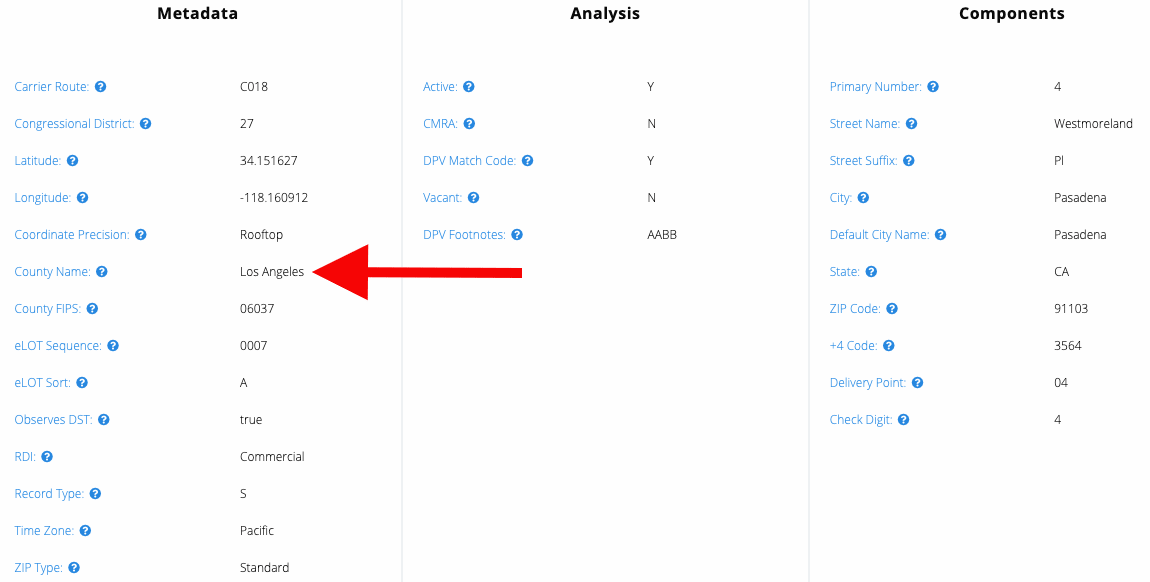 County lookup by address step 5 - Look for 'County Name' in the 'Metadata' section