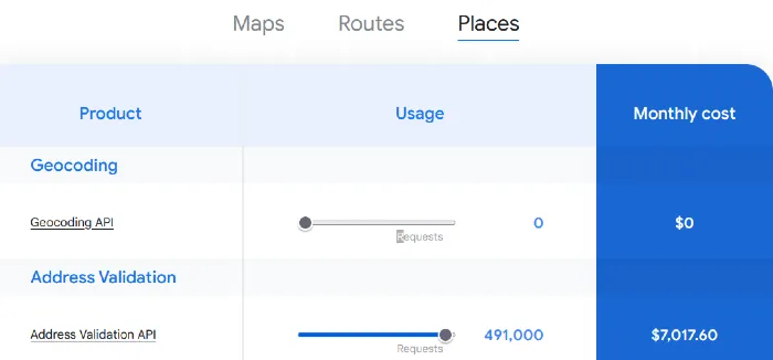 Screenshot of Google's address validation pricing