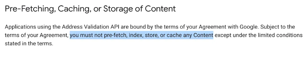 Snippet from Google's address validation policy page