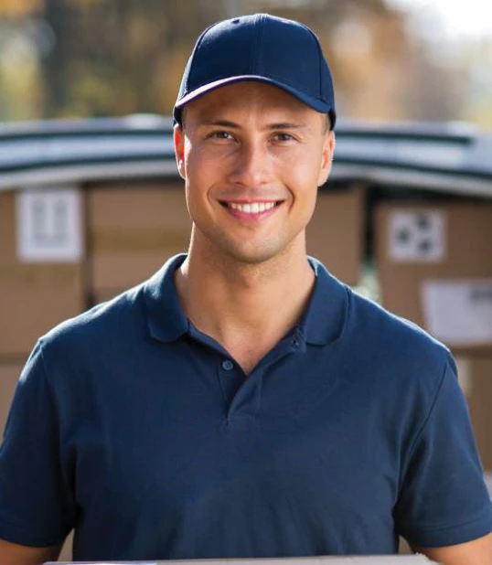 a delivery worker wearing a blue hat and shirt