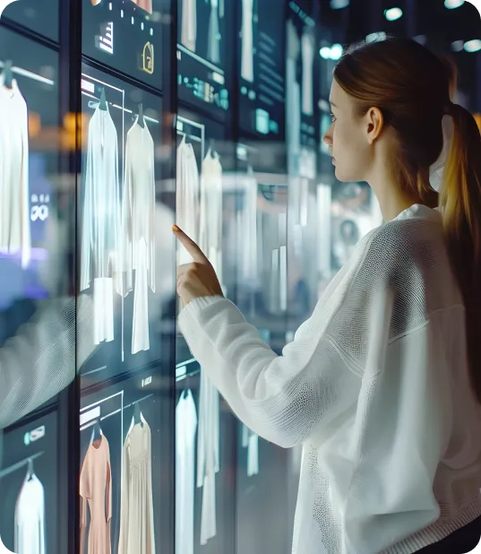 A woman interacting with a futuristic touchscreen interface displaying digital clothing options and icons in a high-tech environment