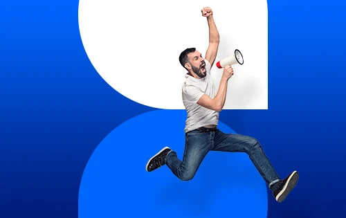 A guy jumping with a megaphone in his hand