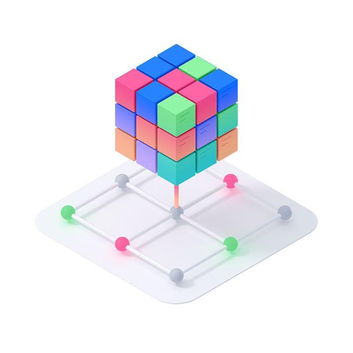 Illustration of a multicolored 3D cube floating above a grid structure, representing integrated systems or connections.