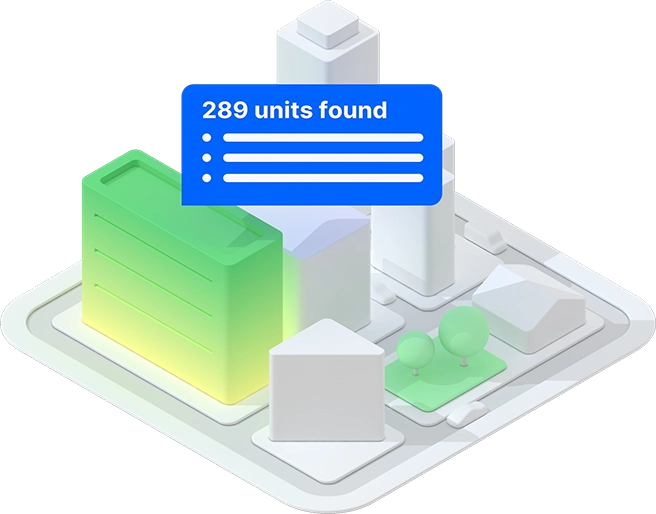 city block with highlighted building and data blurb stating 289 units found