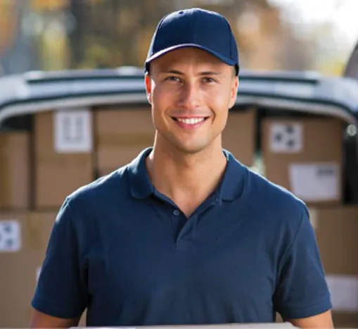 Delivery man with delivery van in background